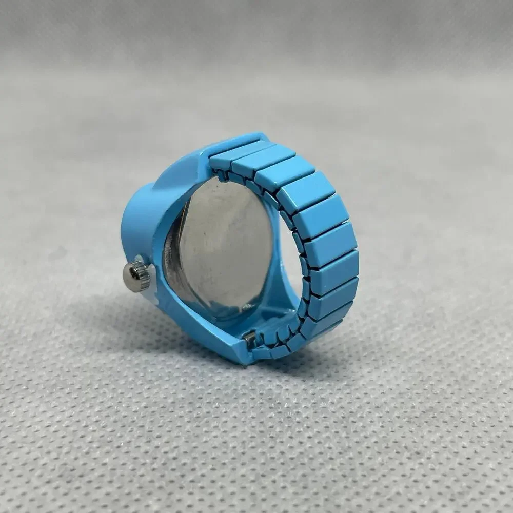 Retro Blue Enameled Stainless Steel Stretch Band Ring Watch With Rhinestones